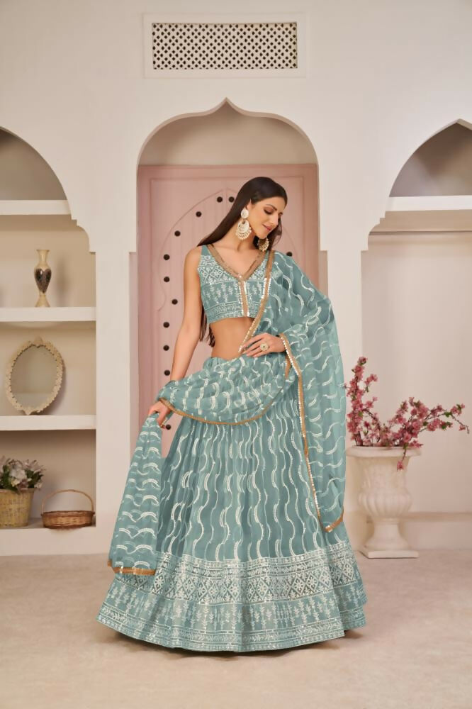 Aastha Fashion Ocean Blue Butterfly Net White Cotton Thread Work, Zari Work And Sandwich Sequence Work Embroidery Wedding Wear Lehenga Choli