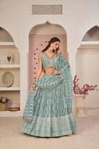 Aastha Fashion Ocean Blue Butterfly Net White Cotton Thread Work, Zari Work And Sandwich Sequence Work Embroidery Wedding Wear Lehenga Choli