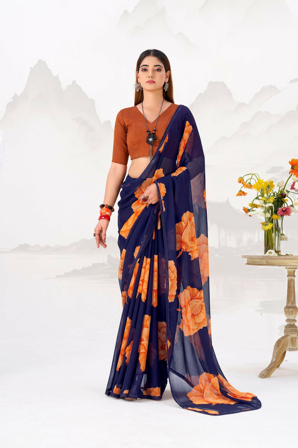 Vastranavya Navy Blue Floral Print with Lace Border work Chiffon Saree & Unstitched Blouse - Distacart