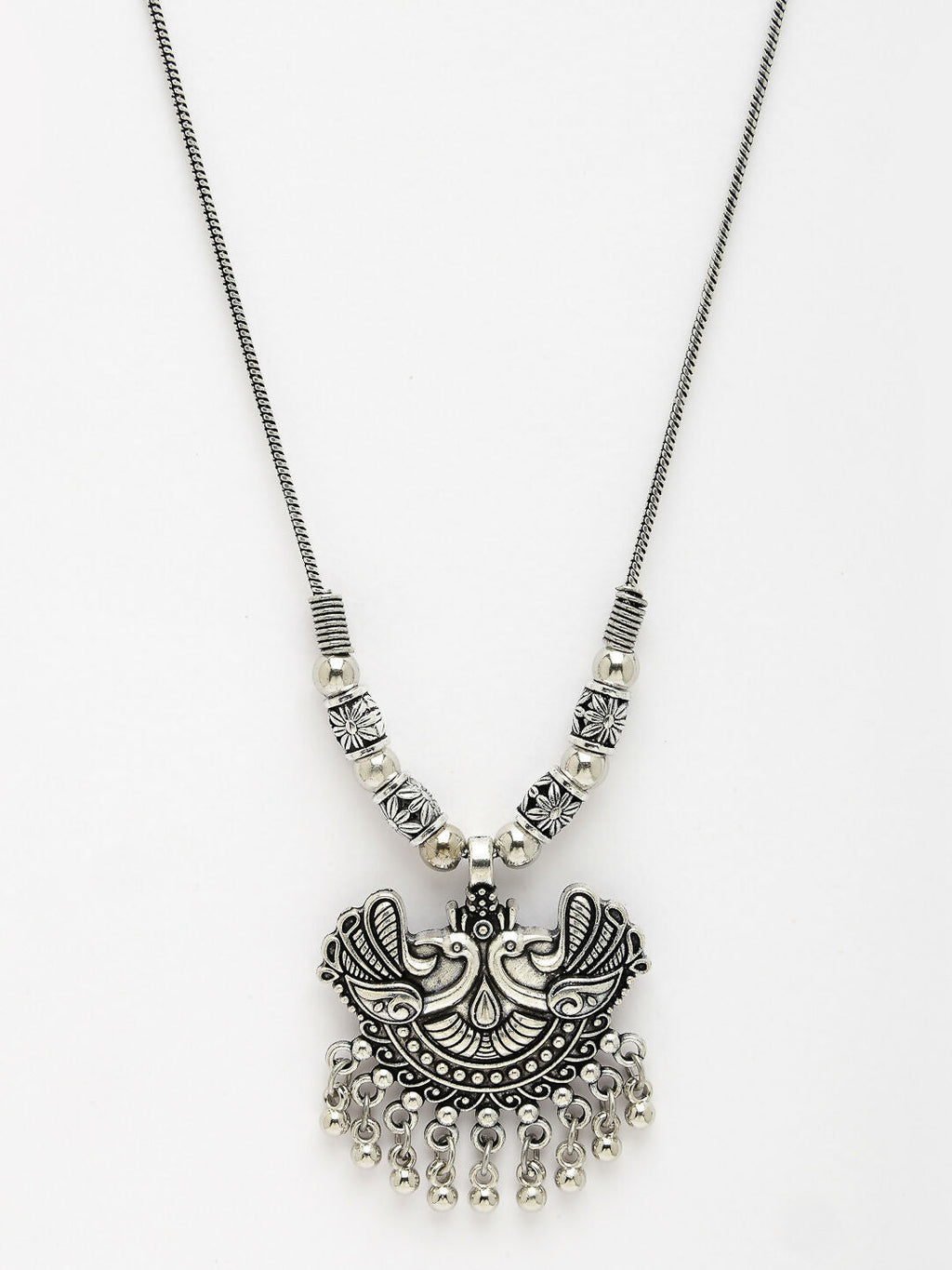 NVR Women's Silver-Toned Peacock Design Pendant with Chain