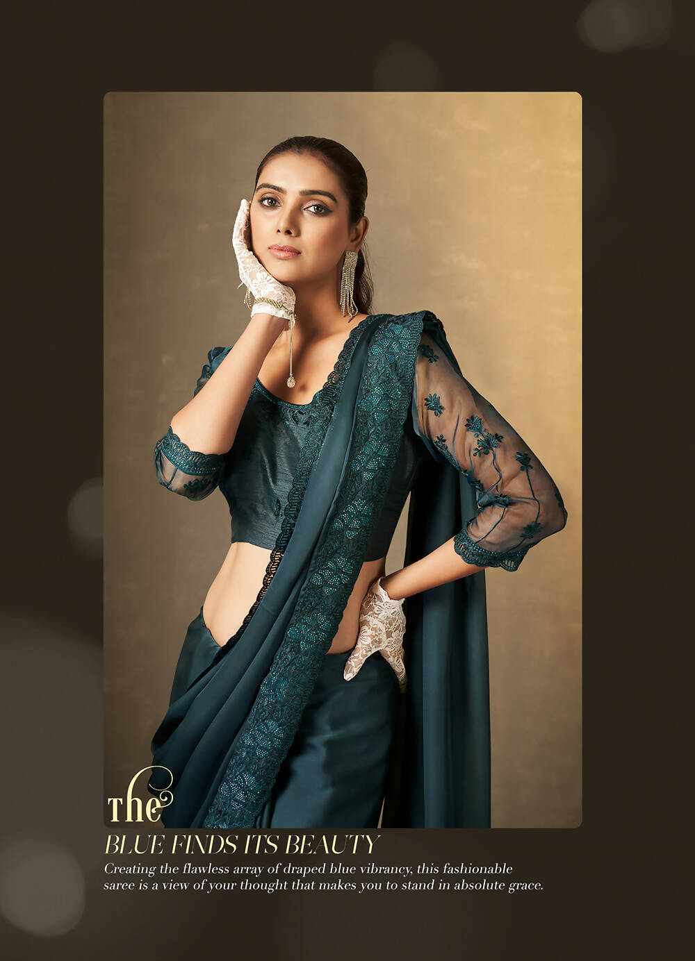 Teal Satin Silk Floral Embroidered with Swaroski Work Saree With Unstitched Blouse Piece - Norita Royal Erisha