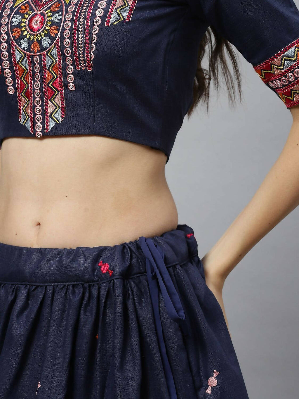 Navy Blue Cotton Embroidered Work Lehenga Choli with Dupatta - Jivika