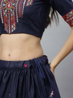 Navy Blue Cotton Embroidered Work Lehenga Choli with Dupatta - Jivika