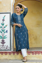 Juniper Women's Blue Rayon Staple Printed Straight Kurta - Distacart