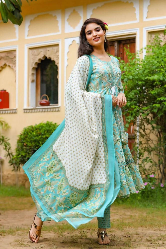 Yufta Blue Printed Tiered Kurta with Trouser and Dupatta