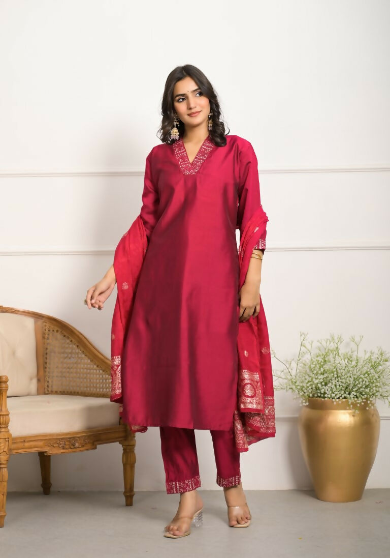 Festive Wear Ethnic Red Viscose chanderi Stitched Suit With Dupatta - Nisha
