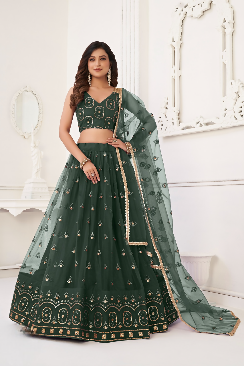 Eilara Women'S Dark Green Butterfly Net With Tone Thread Work And Sandwich Embroidered Work Lehenga Choli For Wedding