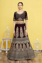 Wine Velvet Semi-Stitched Wedding Bridal Lehenga - Nimaya