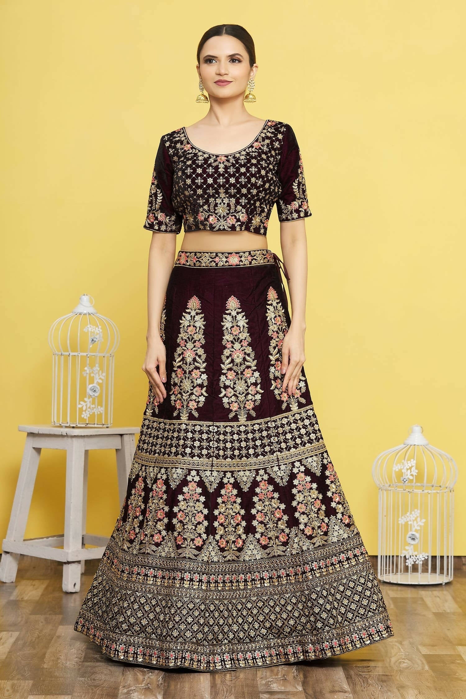 Wine Velvet Semi-Stitched Wedding Bridal Lehenga - Nimaya