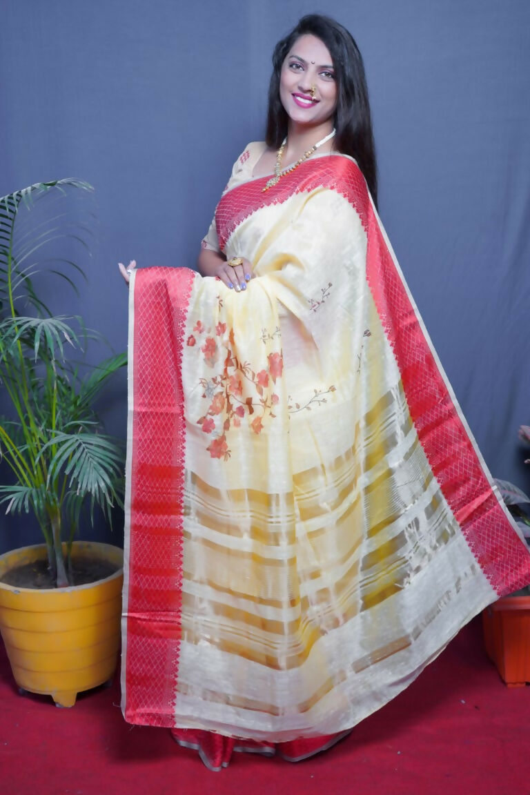 Jyoti Fashion Women's Red Linen Silk Digital Print with Jacquard Woven Border Saree with Blouse