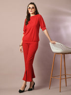 Myshka Women's Red Solid Boat Neck Party Top With Trousers Co-ord set