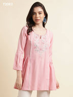 Pink Viscose Rayon Yoke Embroidered A-line Top - Tarini