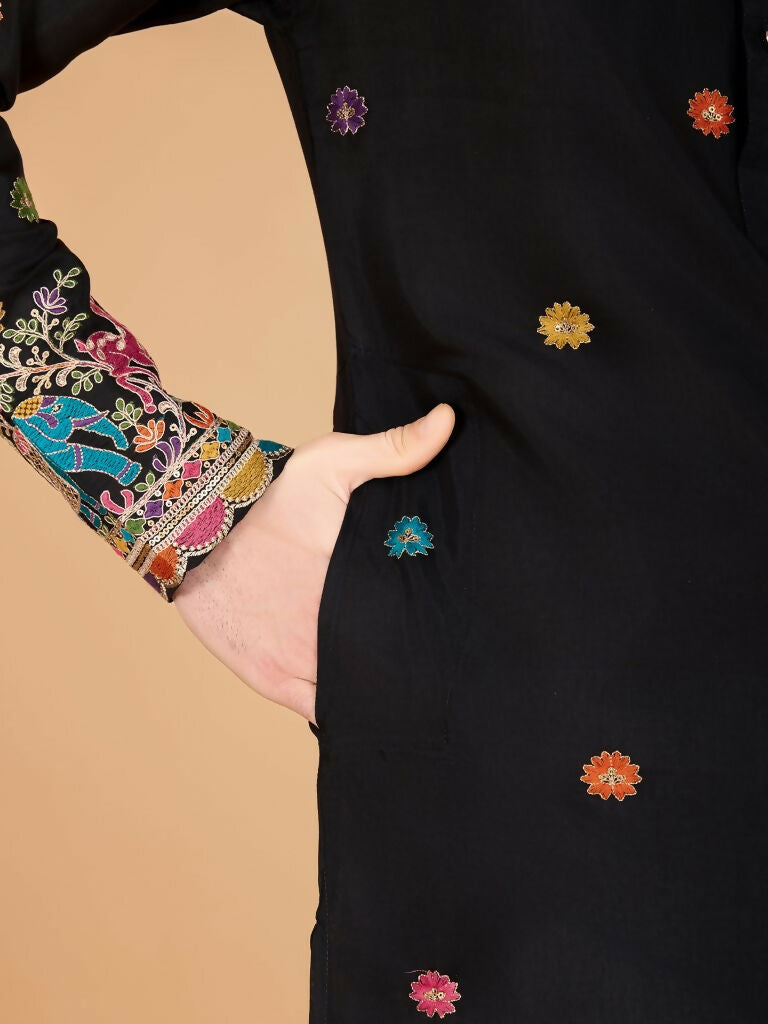 Vastranavya Black Exclusive Festival Wear Viscose Silk Thread & Sequence Embroidered Work Kurta