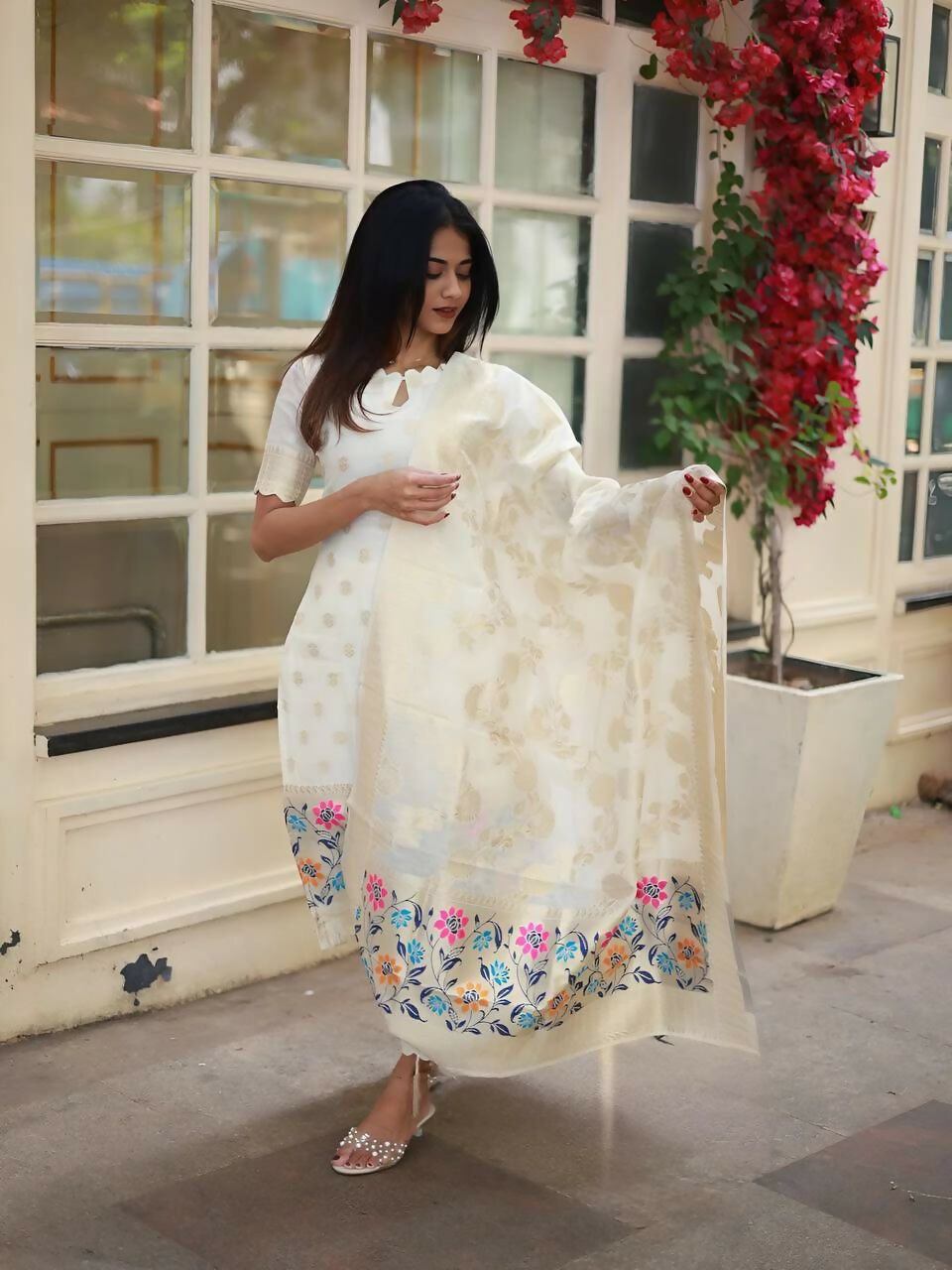 The52 White Women's Beautiful Viscose Jacquard Fabric Printed Work Straight Kurta Pant and Dupatta Set - Distacart