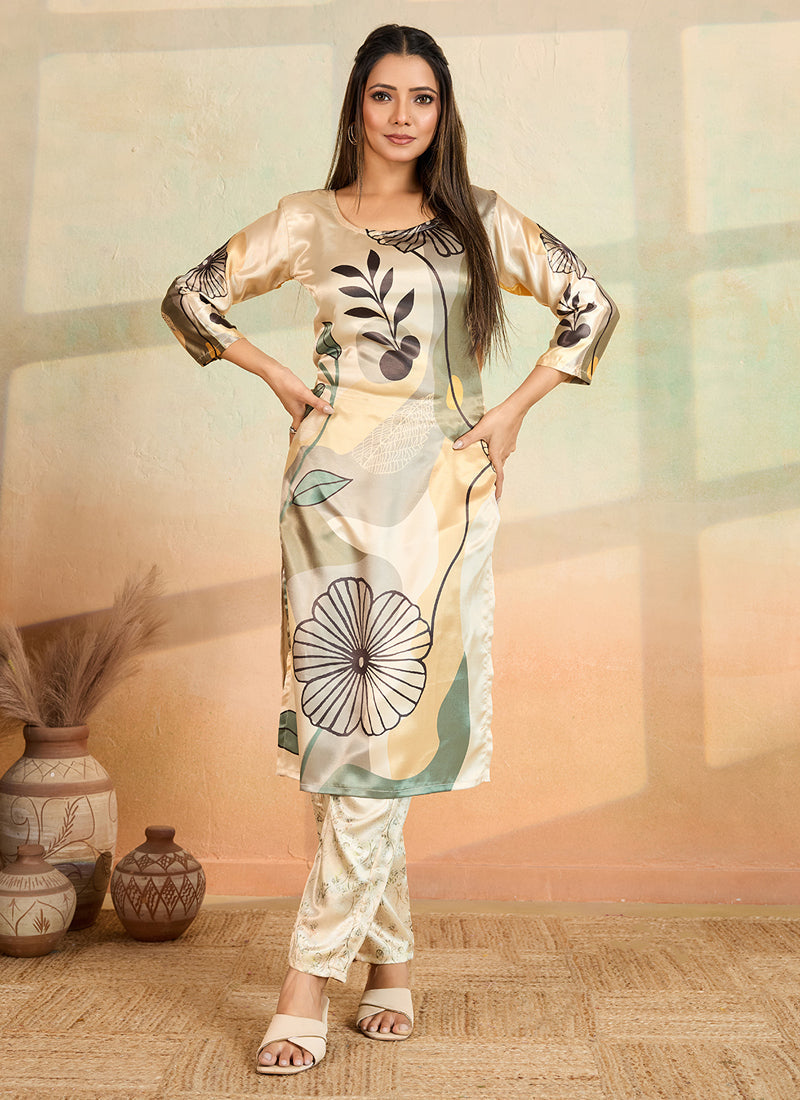 Prazu Fashion Beige Printed Cotton Reyon Kurta Pant Set - Distacart