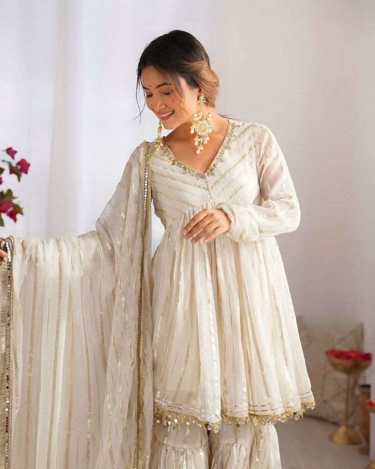 Teeya Creation White Color Mal Chanderi Silk Mirror Work And Hand Work Sharara set - Distacart