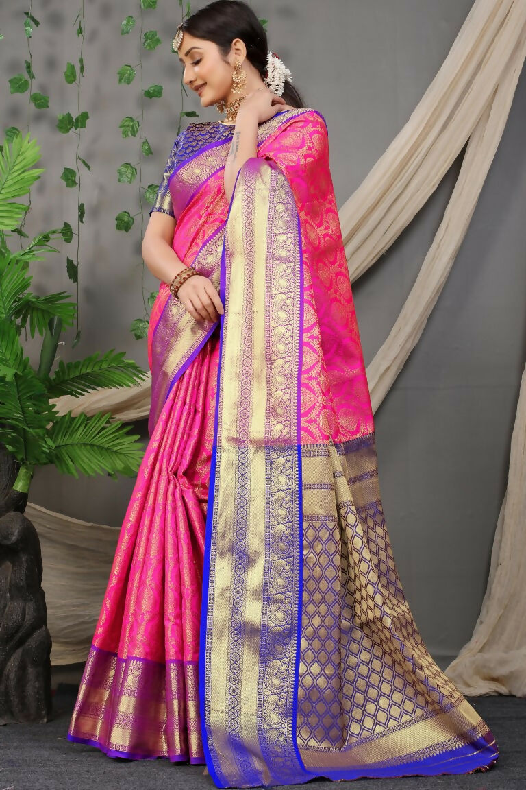 Jyoti Fashion Women's Pink Kanjivaram Silk Zari Woven Saree with Blouse