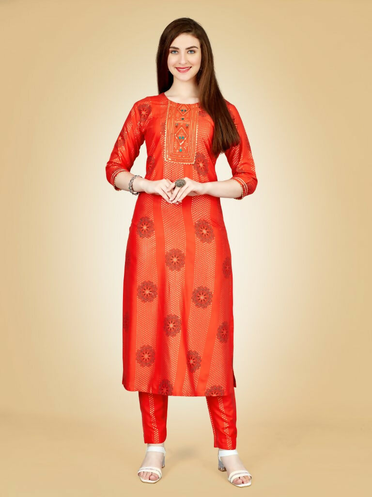 Jyoti Fashion Women's Orange Viscose Rayon Embroidered Kurta Pant Set