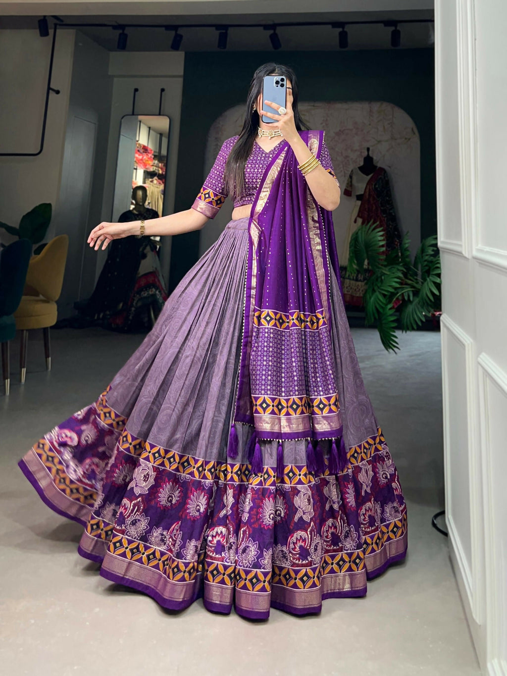 Vastranavya Floral Print With Foil Print Tussar Silk Lehenga with Unstitched Blouse - Purple