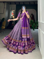 Vastranavya Floral Print With Foil Print Tussar Silk Lehenga with Unstitched Blouse - Purple