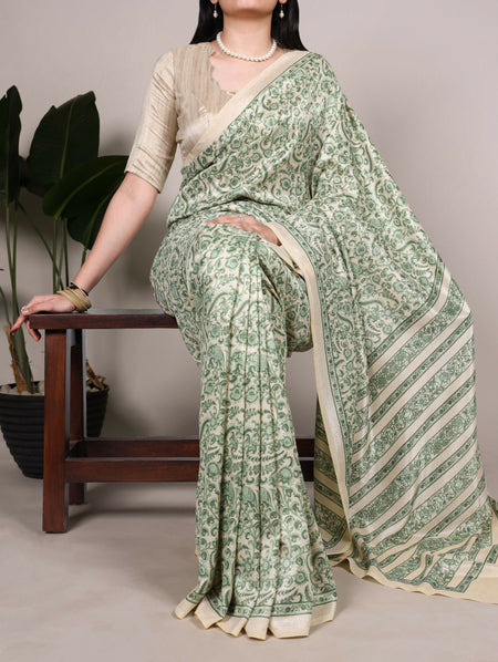 Vastranavya Green Tussar Silk Printed Saree with Unstitched Blouse