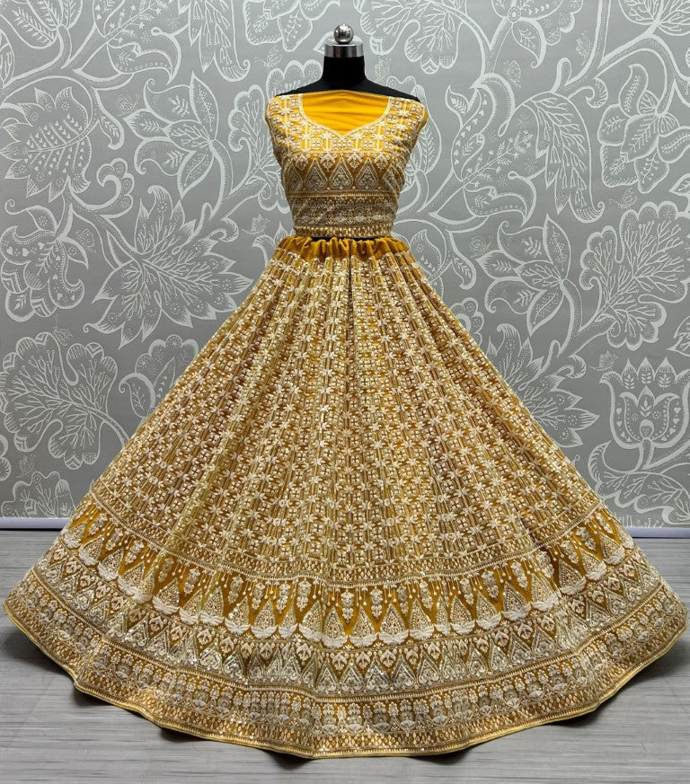 Jyoti Fashion Women's Yellow Bridal Net Fancy Sequins with Multi Thread Embroidered Wedding Lehenga Choli