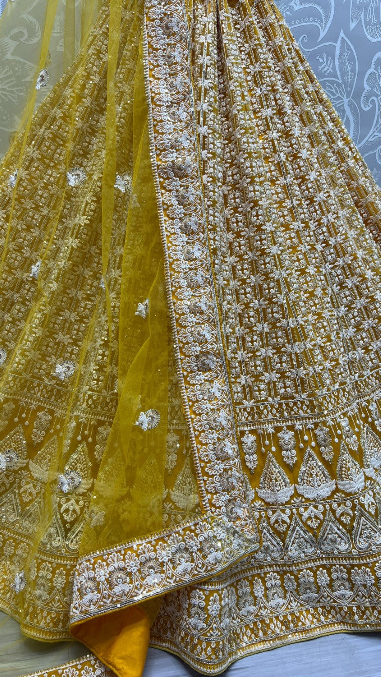 Jyoti Fashion Women's Yellow Bridal Net Fancy Sequins with Multi Thread Embroidered Wedding Lehenga Choli