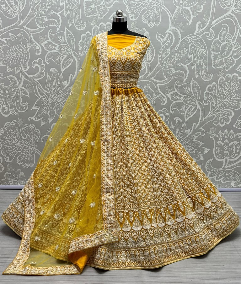 Jyoti Fashion Women's Yellow Bridal Net Fancy Sequins with Multi Thread Embroidered Wedding Lehenga Choli
