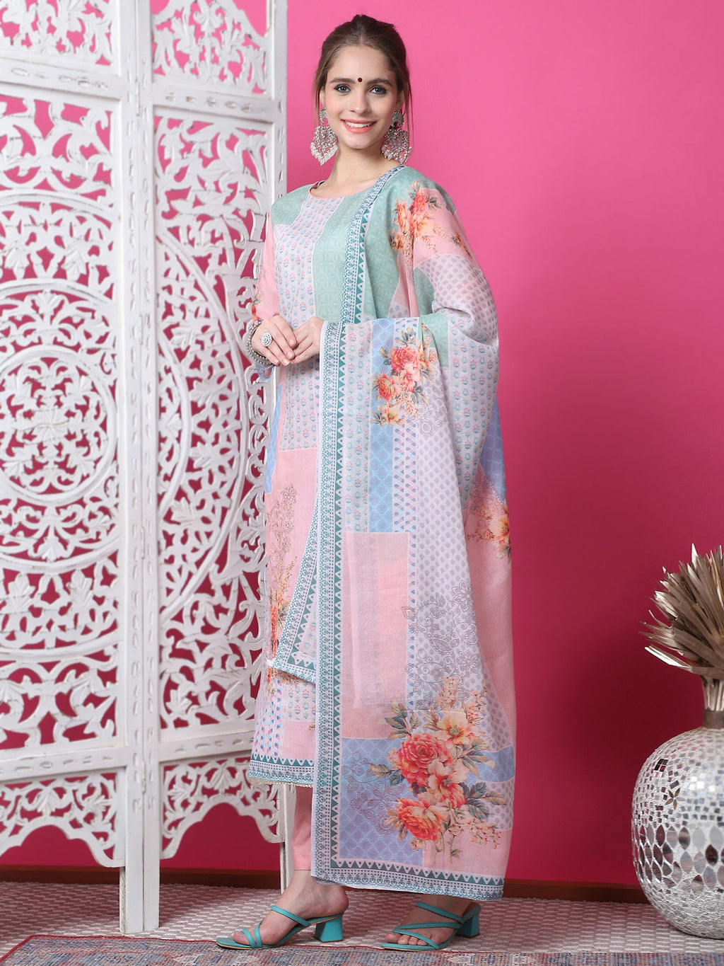 Jyoti Fashion Women's Multicolor Cotton Geometric Digital Print with Jari & Crystal Kurta with Trouser & Dupatta