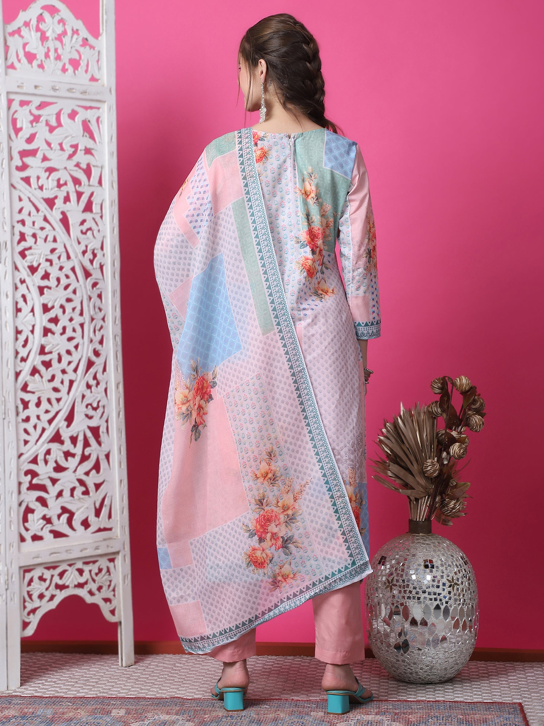 Jyoti Fashion Women's Multicolor Cotton Geometric Digital Print with Jari & Crystal Kurta with Trouser & Dupatta
