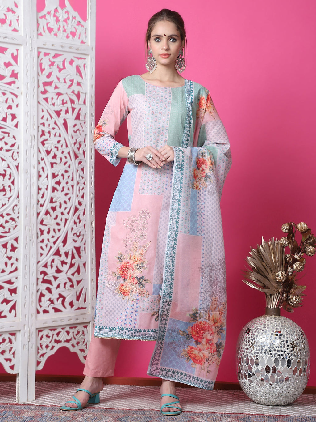 Jyoti Fashion Women's Multicolor Cotton Geometric Digital Print with Jari & Crystal Kurta with Trouser & Dupatta