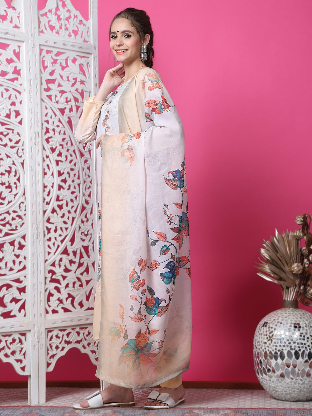 Jyoti Fashion Women's Multicolor Cotton Geometric Digital Print with Jari & Crystal Kurta with Trouser & Dupatta