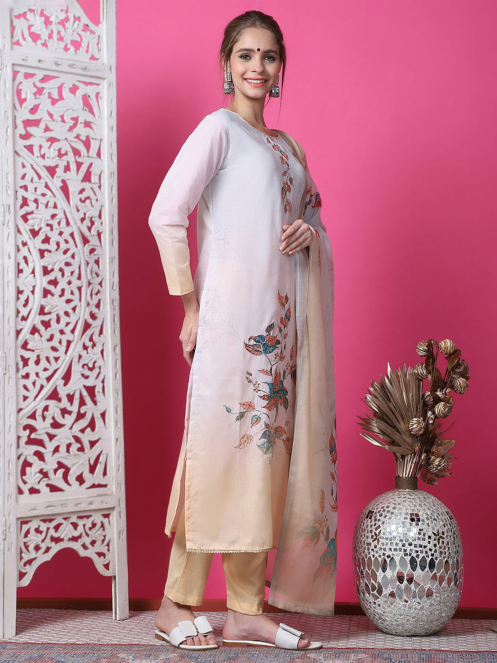 Jyoti Fashion Women's Multicolor Cotton Geometric Digital Print with Jari & Crystal Kurta with Trouser & Dupatta