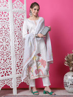 Jyoti Fashion Women's Off White Cotton Geometric Digital Print with Jari & Crystal Kurta with Trouser & Dupatta