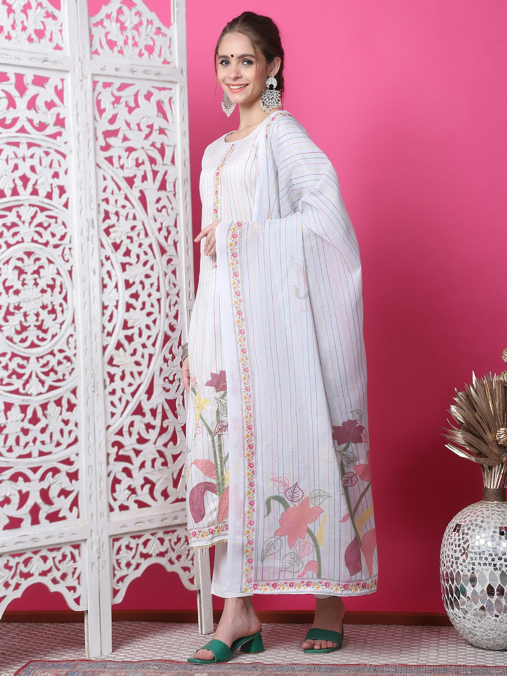 Jyoti Fashion Women's Off White Cotton Geometric Digital Print with Jari & Crystal Kurta with Trouser & Dupatta