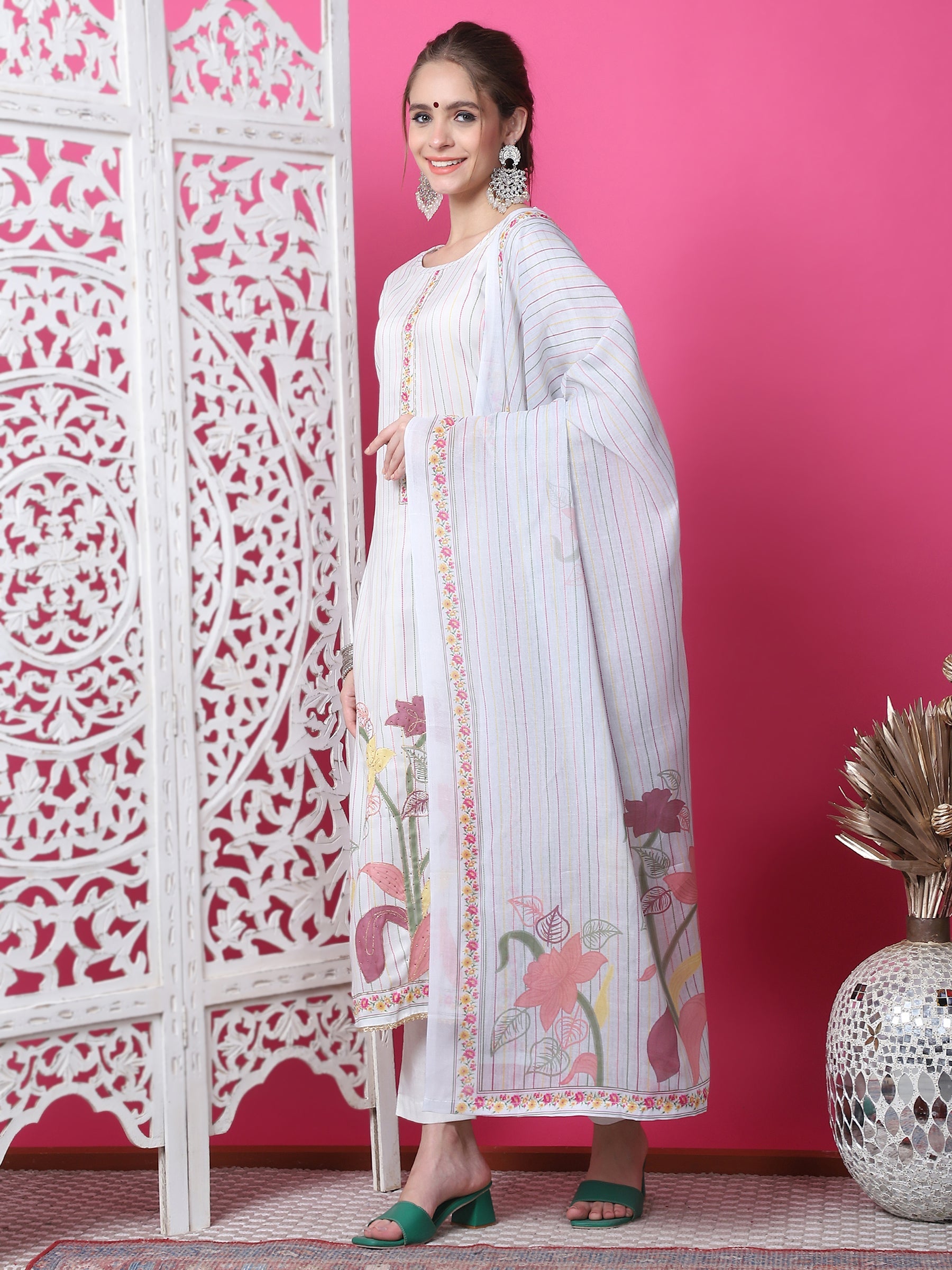 Jyoti Fashion Women's Off White Cotton Geometric Digital Print with Jari & Crystal Kurta with Trouser & Dupatta