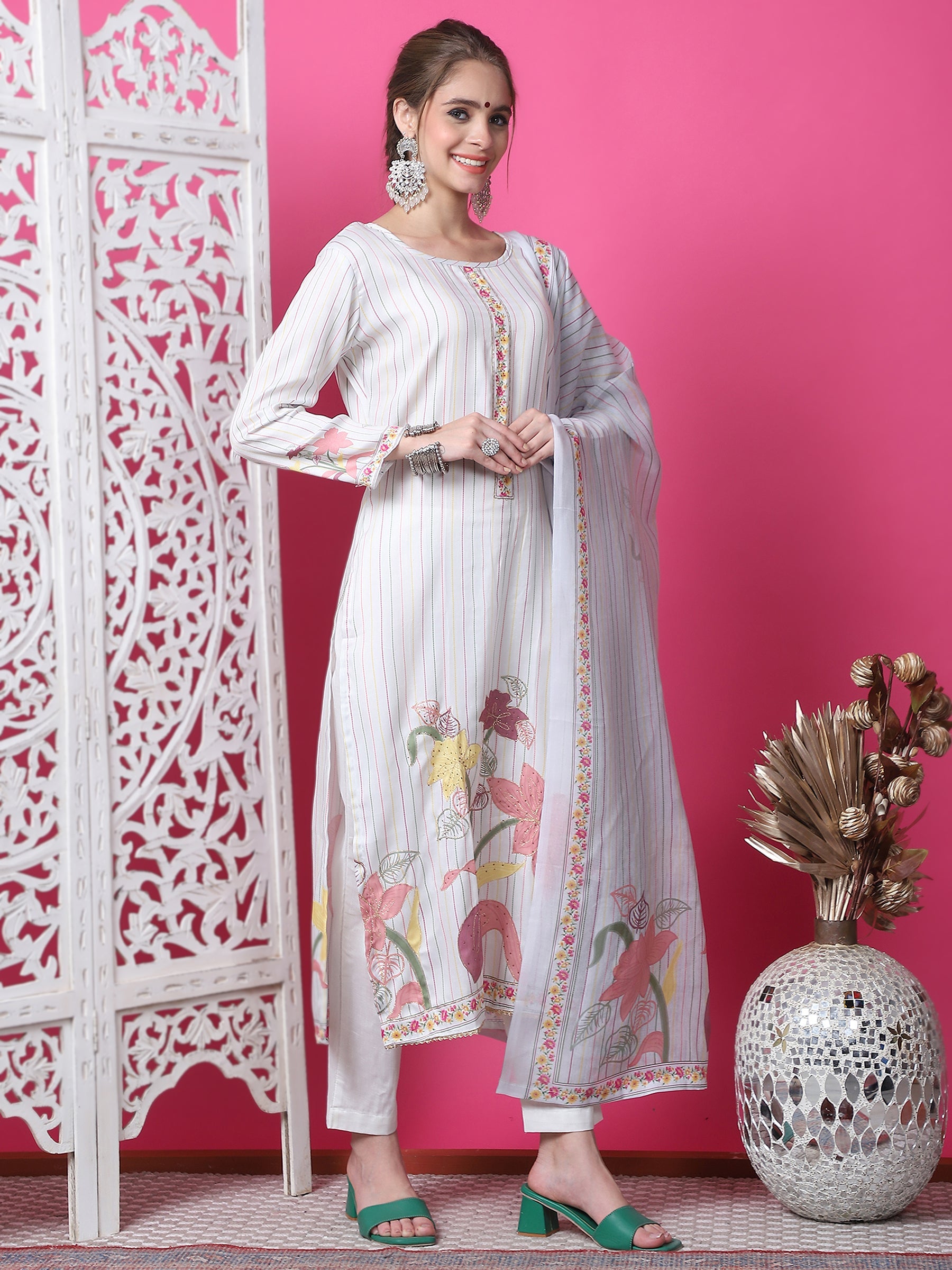 Jyoti Fashion Women's Off White Cotton Geometric Digital Print with Jari & Crystal Kurta with Trouser & Dupatta