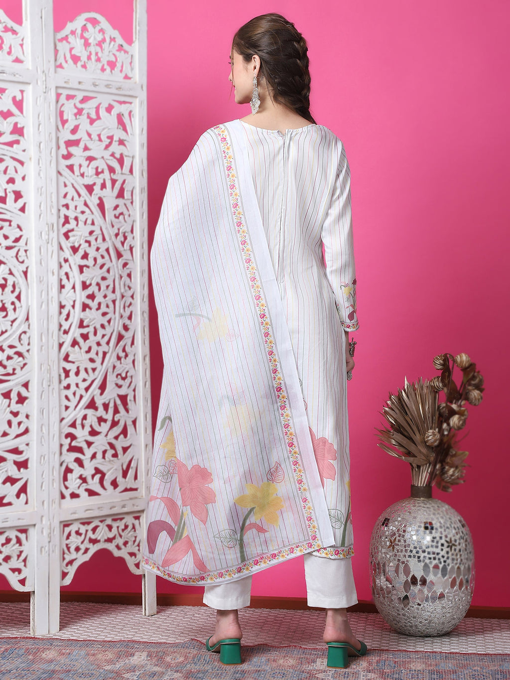 Jyoti Fashion Women's Off White Cotton Geometric Digital Print with Jari & Crystal Kurta with Trouser & Dupatta
