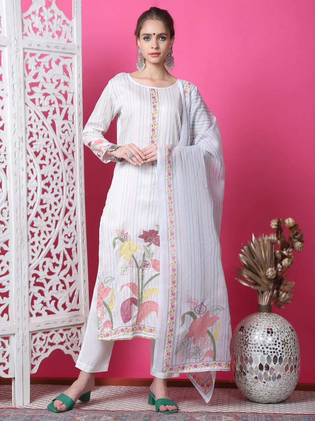 Jyoti Fashion Women's Off White Cotton Geometric Digital Print with Jari & Crystal Kurta with Trouser & Dupatta