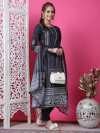 Jyoti Fashion Women's Black Cotton Geometric Digital Print with Jari & Crystal Kurta with Trouser & Dupatta