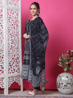 Jyoti Fashion Women's Black Cotton Geometric Digital Print with Jari & Crystal Kurta with Trouser & Dupatta