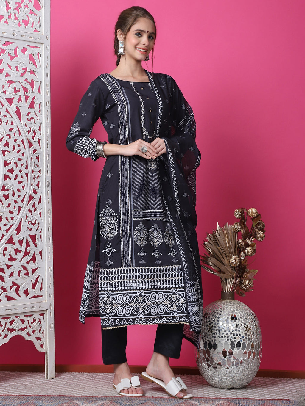 Jyoti Fashion Women's Black Cotton Geometric Digital Print with Jari & Crystal Kurta with Trouser & Dupatta