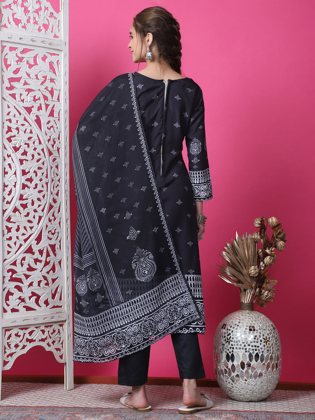 Jyoti Fashion Women's Black Cotton Geometric Digital Print with Jari & Crystal Kurta with Trouser & Dupatta