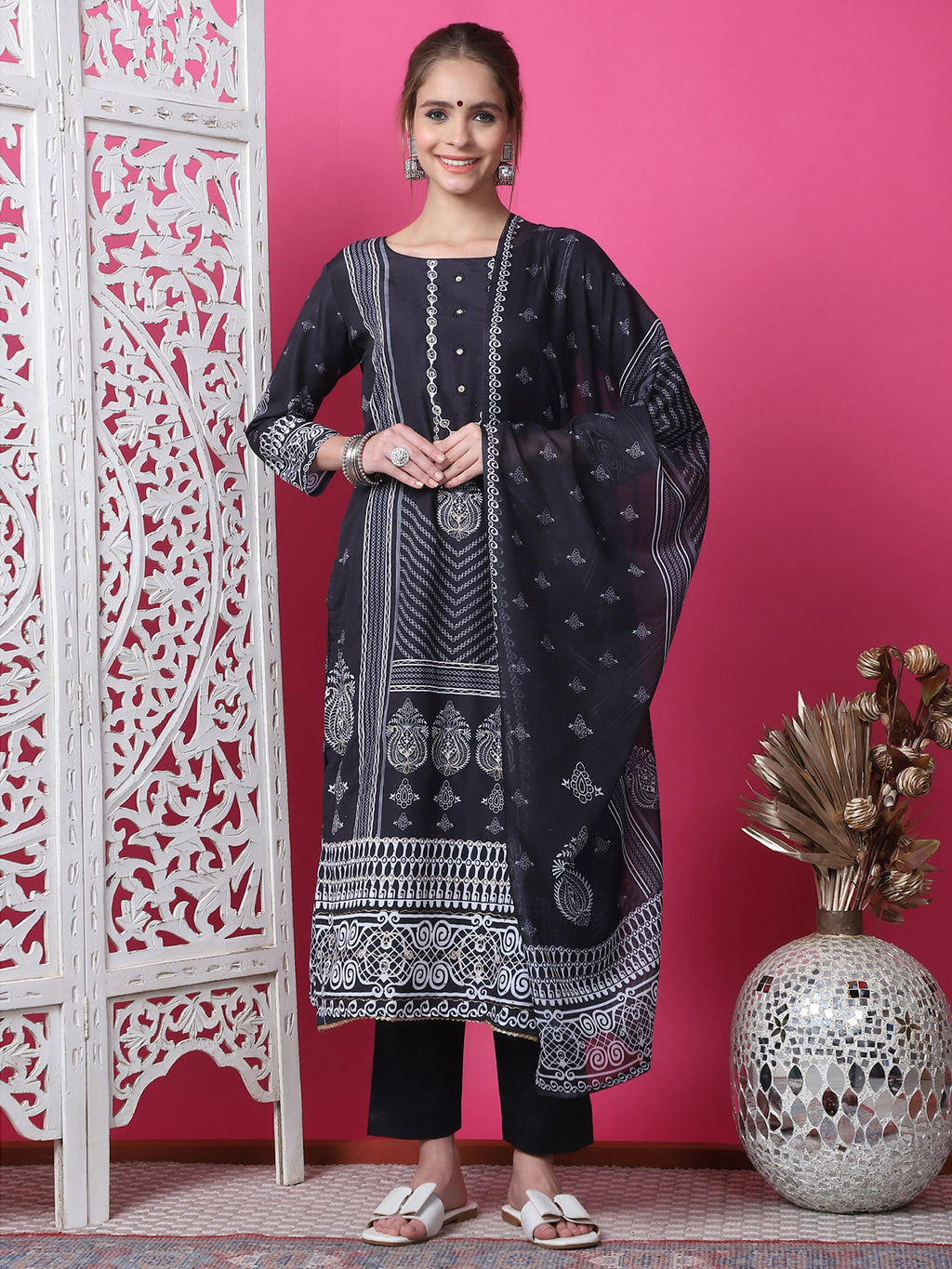 Jyoti Fashion Women's Black Cotton Geometric Digital Print with Jari & Crystal Kurta with Trouser & Dupatta