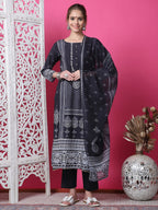 Jyoti Fashion Women's Black Cotton Geometric Digital Print with Jari & Crystal Kurta with Trouser & Dupatta