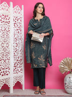 Jyoti Fashion Women's Green Muslin Floral Print with Jari & Crystal work Kurta with Trouser & Dupatta