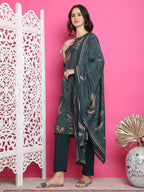 Jyoti Fashion Women's Green Muslin Floral Print with Jari & Crystal work Kurta with Trouser & Dupatta