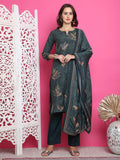 Jyoti Fashion Women's Green Muslin Floral Print with Jari & Crystal work Kurta with Trouser & Dupatta