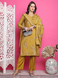 Jyoti Fashion Women's Mustard Muslin Floral Print with Jari & Crystal work Kurta with Trouser & Dupatta