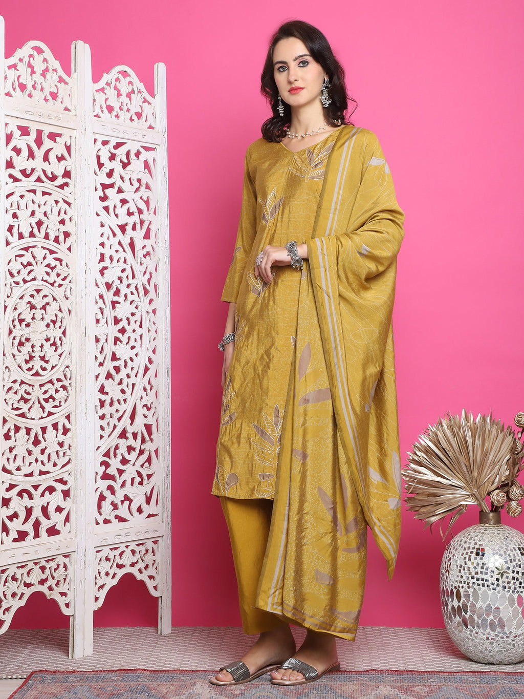 Jyoti Fashion Women's Mustard Muslin Floral Print with Jari & Crystal work Kurta with Trouser & Dupatta